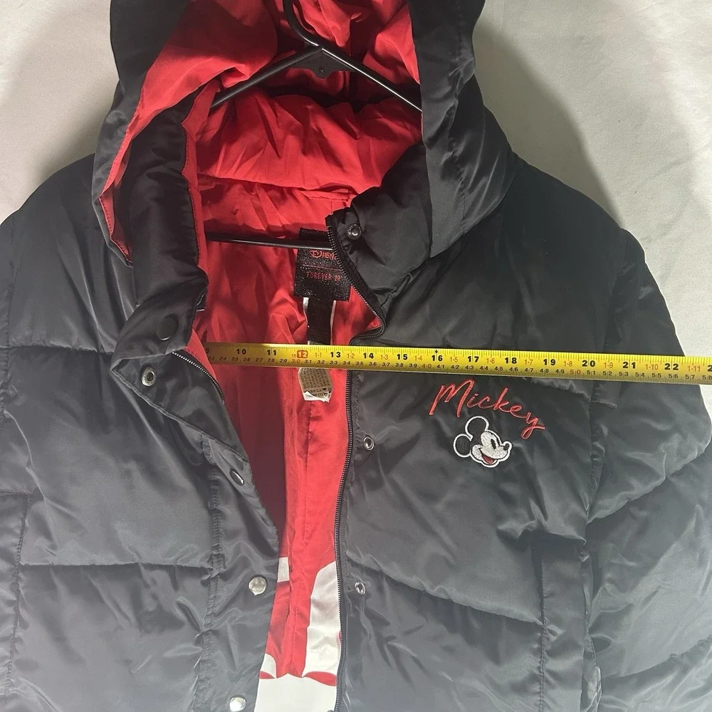 Disney Forever 21 Mickey Mouse Puffer Jacket Vest Black Red Hooded L